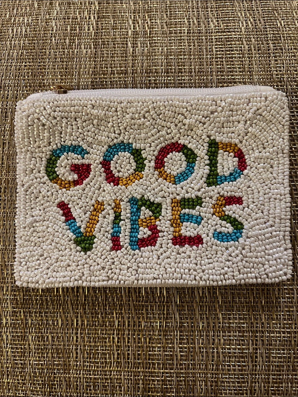Beaded "Good Vibes" Zipper Pouch - White with Multicolor Letters
